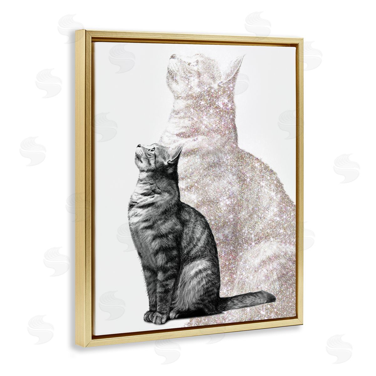 Ziwei Li Stoic Striped Cat Sitting Glam Sparkle Silhouette  Gold Floating Frame Canvas Wall Art Print
