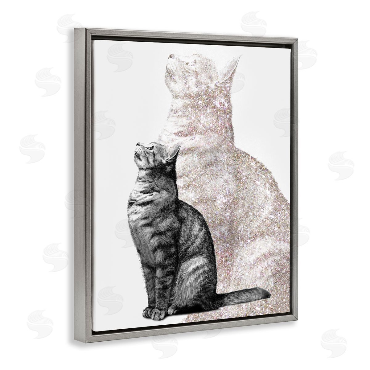 Ziwei Li Stoic Striped Cat Sitting Glam Sparkle Silhouette  Gray Floating Frame Canvas Wall Art Print