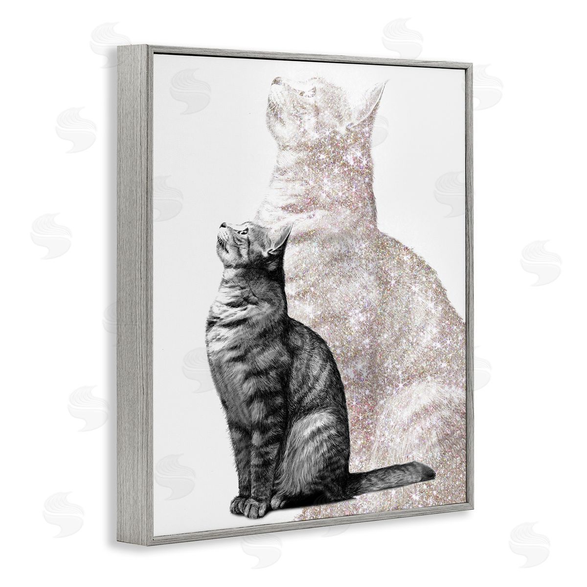 Ziwei Li Stoic Striped Cat Sitting Glam Sparkle Silhouette  Gray Framed Giclee Wall Art Print