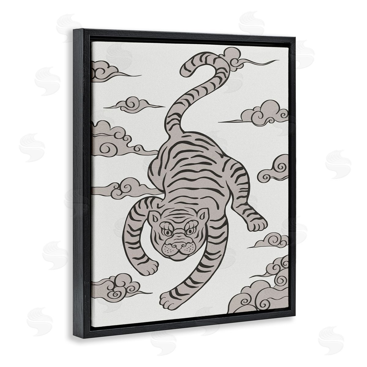 Ziwei Li Traditional Tiger Stripes Cloud Pattern Jungle Animal Black Floating Frame Canvas Wall Art Print