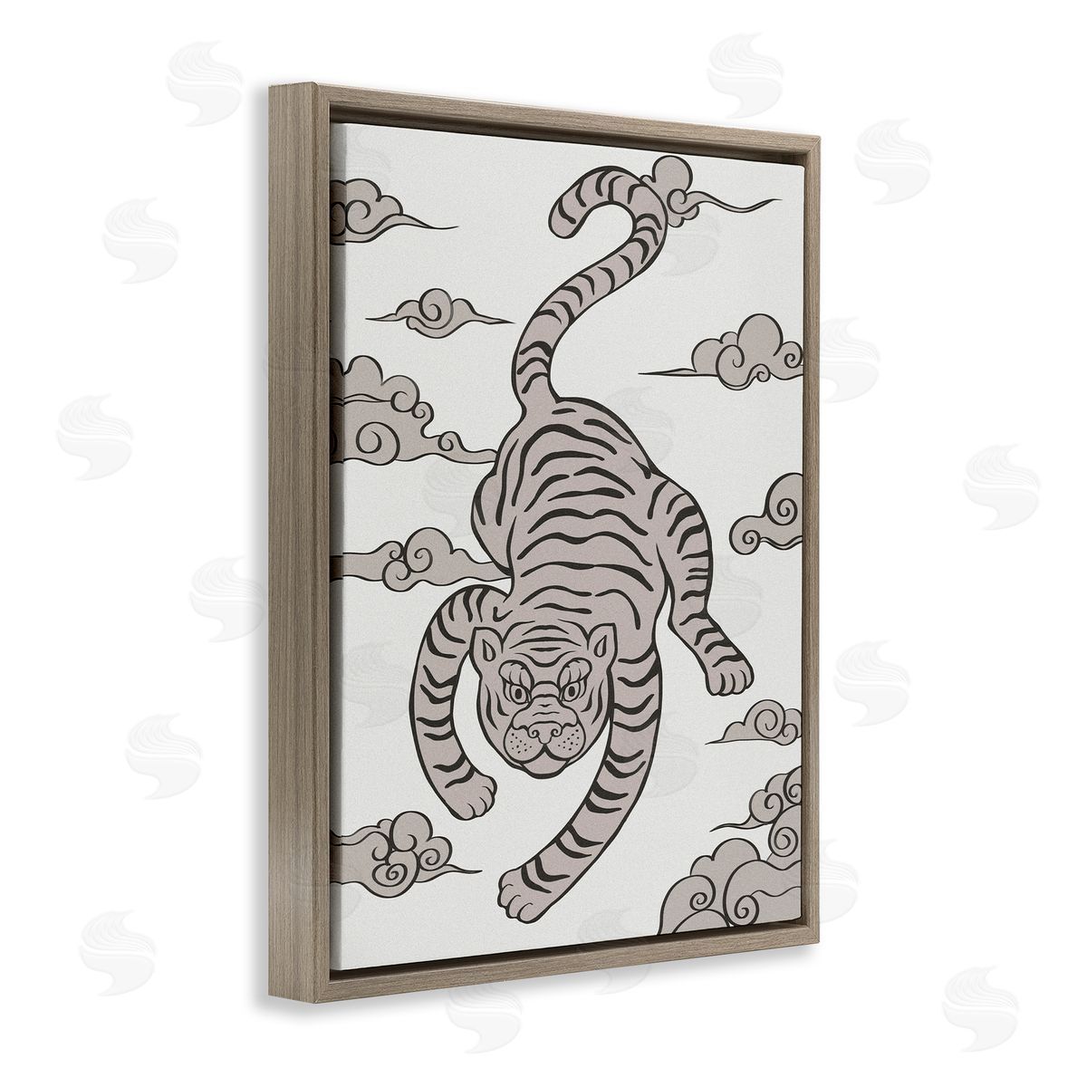 Ziwei Li Traditional Tiger Stripes Cloud Pattern Jungle Animal Brown Floating Frame Canvas Wall Art Print