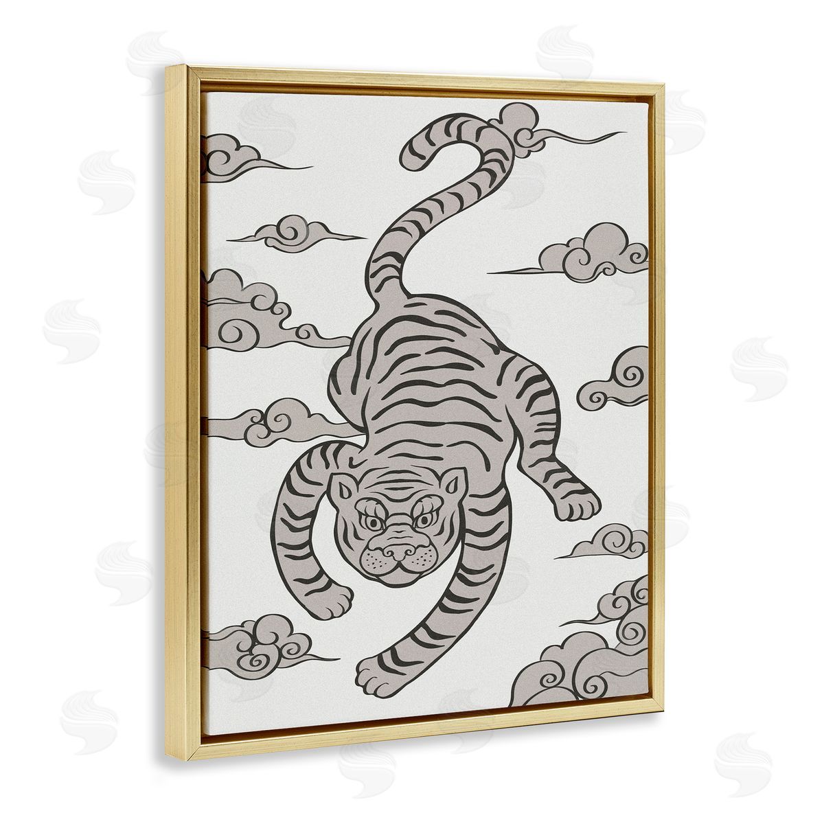 Ziwei Li Traditional Tiger Stripes Cloud Pattern Jungle Animal Gold Floating Frame Canvas Wall Art Print