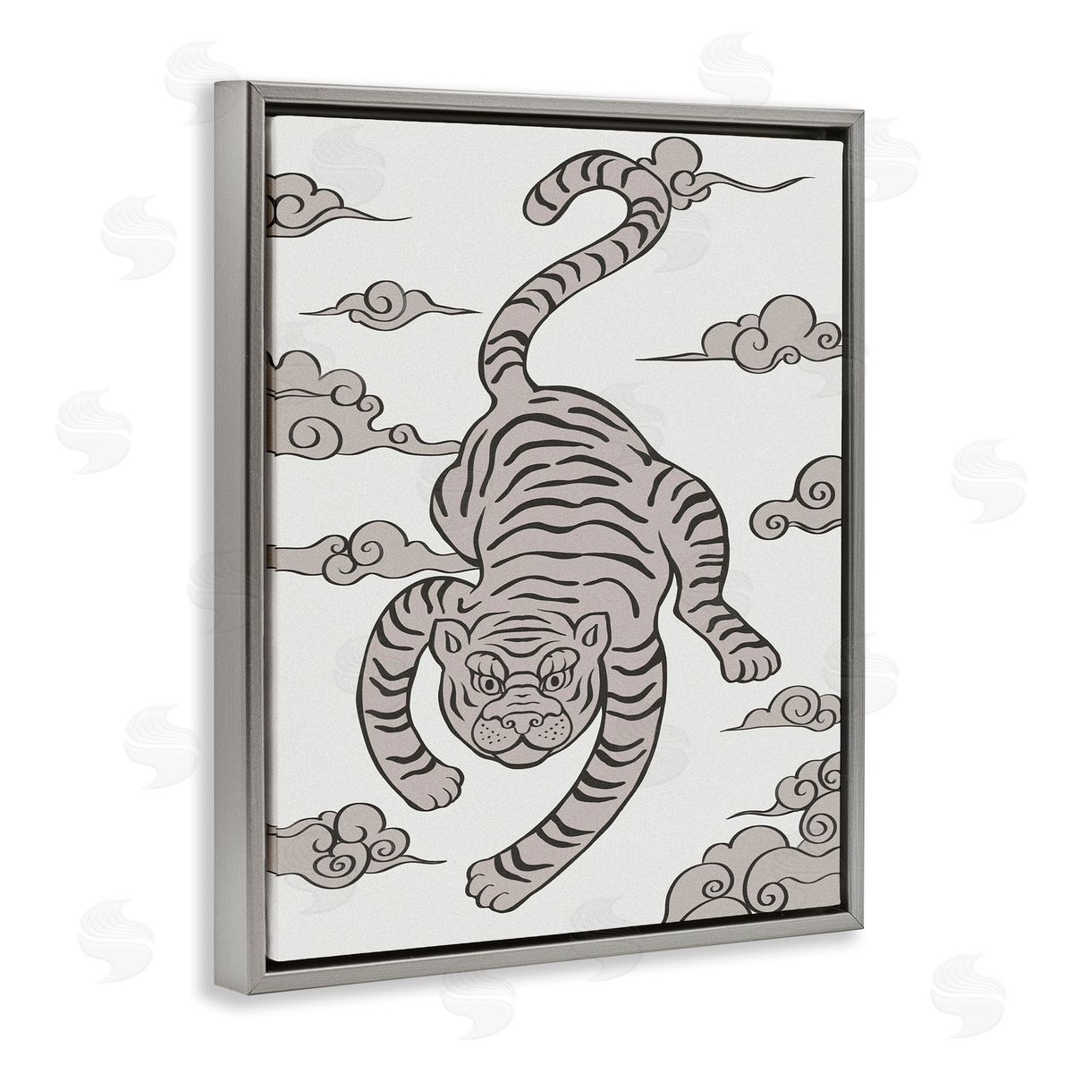 Ziwei Li Traditional Tiger Stripes Cloud Pattern Jungle Animal Gray Floating Frame Canvas Wall Art Print