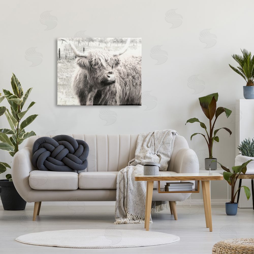 Graffitee Studios Rustic Farm Highland Cattle Cow Monochrome Photography Canvas Wall Art Print in Room