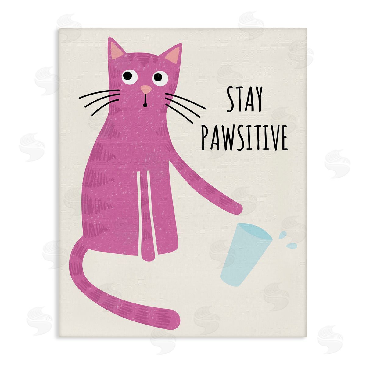 Jennifer Wambach Stay Pawsitive Endearing Pink Cat Knocking Over Glass Stretched Canvas Wall Art Print