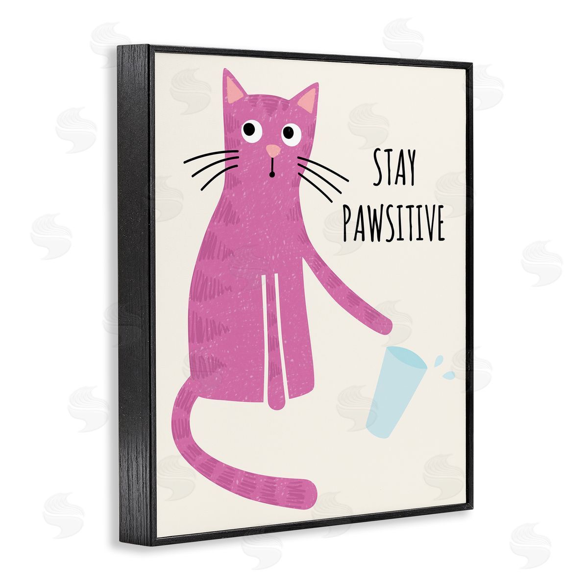 Jennifer Wambach Stay Pawsitive Endearing Pink Cat Knocking Over Glass Black Framed Giclee Wall Art Print