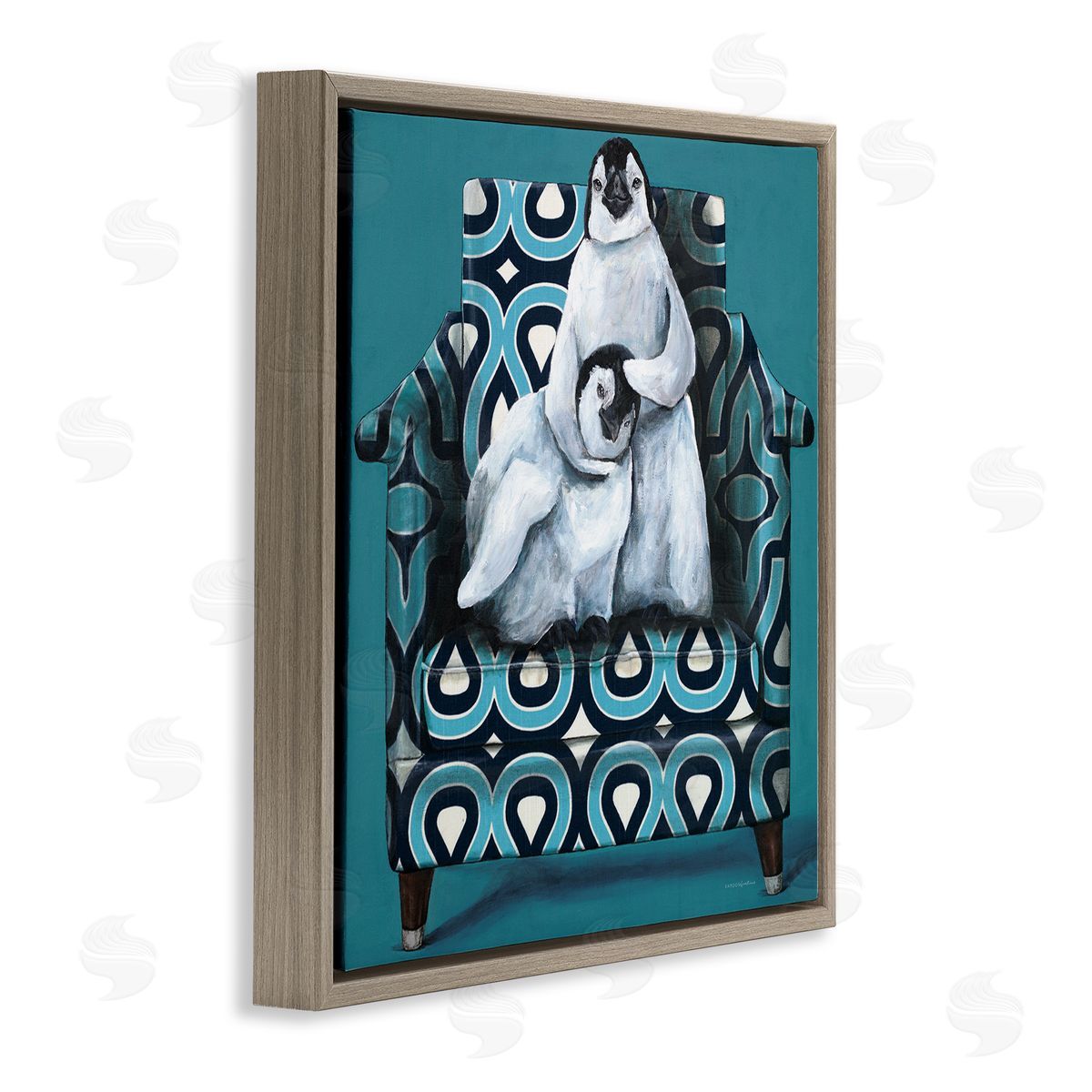 Kamdon Kreations Pair Penguins Relaxing Head Pat Patterned Sofa Chair Brown Floating Frame Canvas Wall Art Print