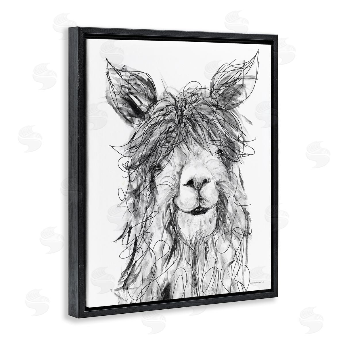 Kamdon Kreations Smiling Llama Alpaca Shaggy Hair Scribble Drawing  Black Floating Frame Canvas Wall Art Print
