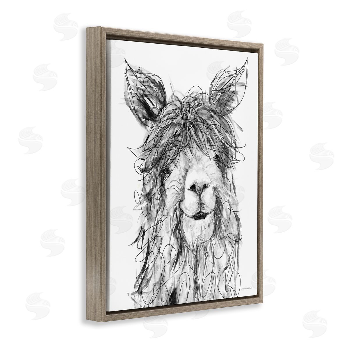 Kamdon Kreations Smiling Llama Alpaca Shaggy Hair Scribble Drawing  Brown Floating Frame Canvas Wall Art Print