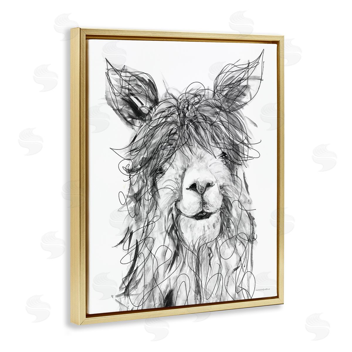 Kamdon Kreations Smiling Llama Alpaca Shaggy Hair Scribble Drawing  Gold Floating Frame Canvas Wall Art Print