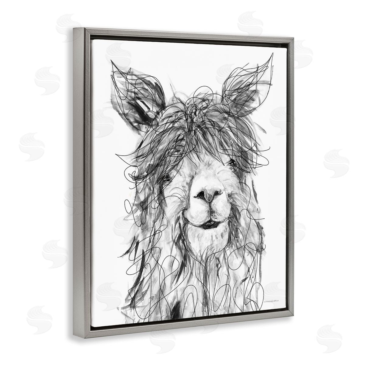 Kamdon Kreations Smiling Llama Alpaca Shaggy Hair Scribble Drawing  Gray Floating Frame Canvas Wall Art Print