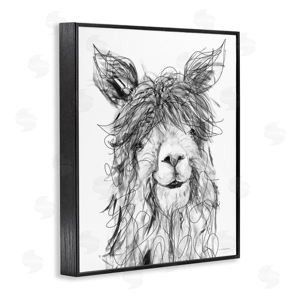 Kamdon Kreations Smiling Llama Alpaca Shaggy Hair Scribble Drawing  Black Framed Giclee Wall Art Print