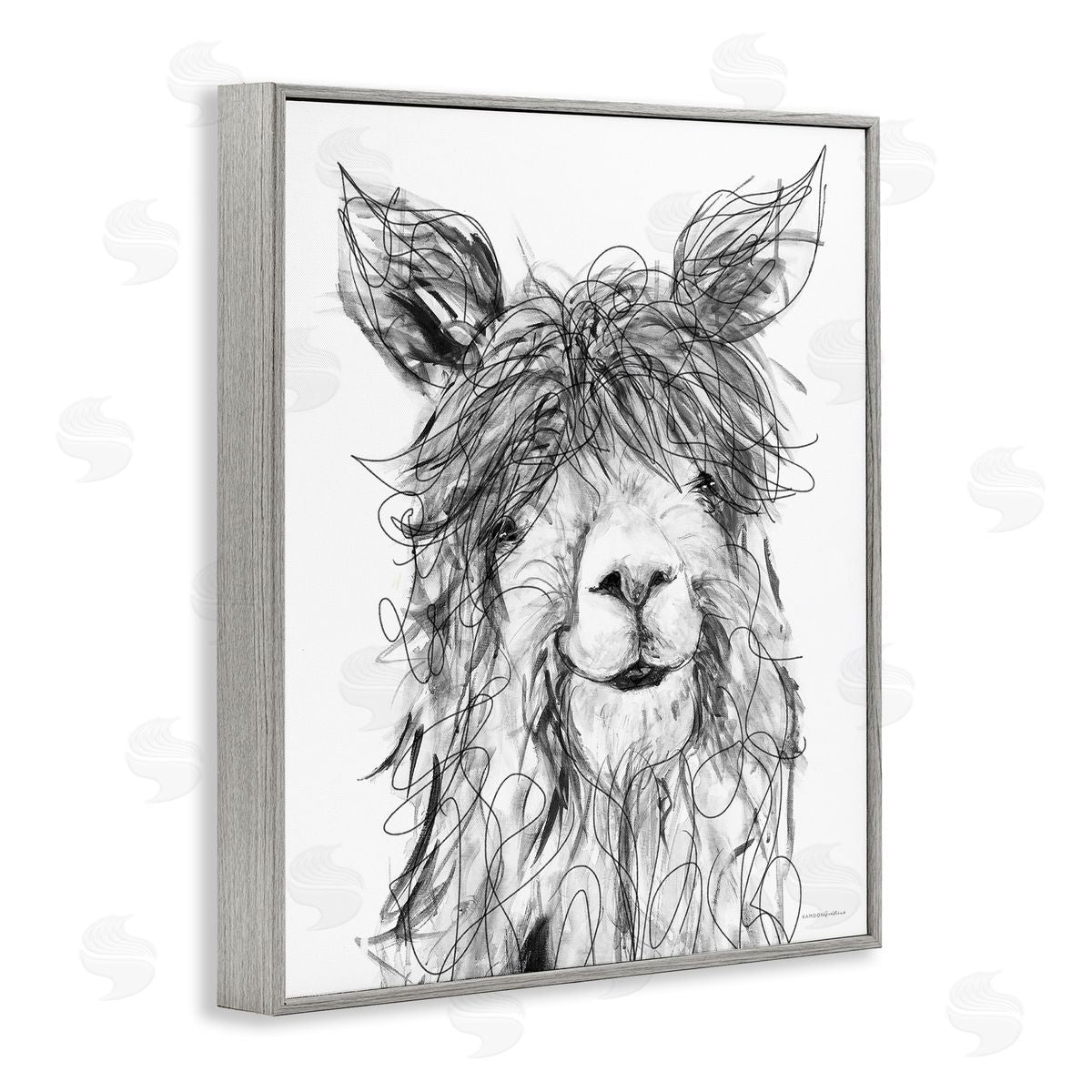 Kamdon Kreations Smiling Llama Alpaca Shaggy Hair Scribble Drawing  Gray Framed Giclee Wall Art Print