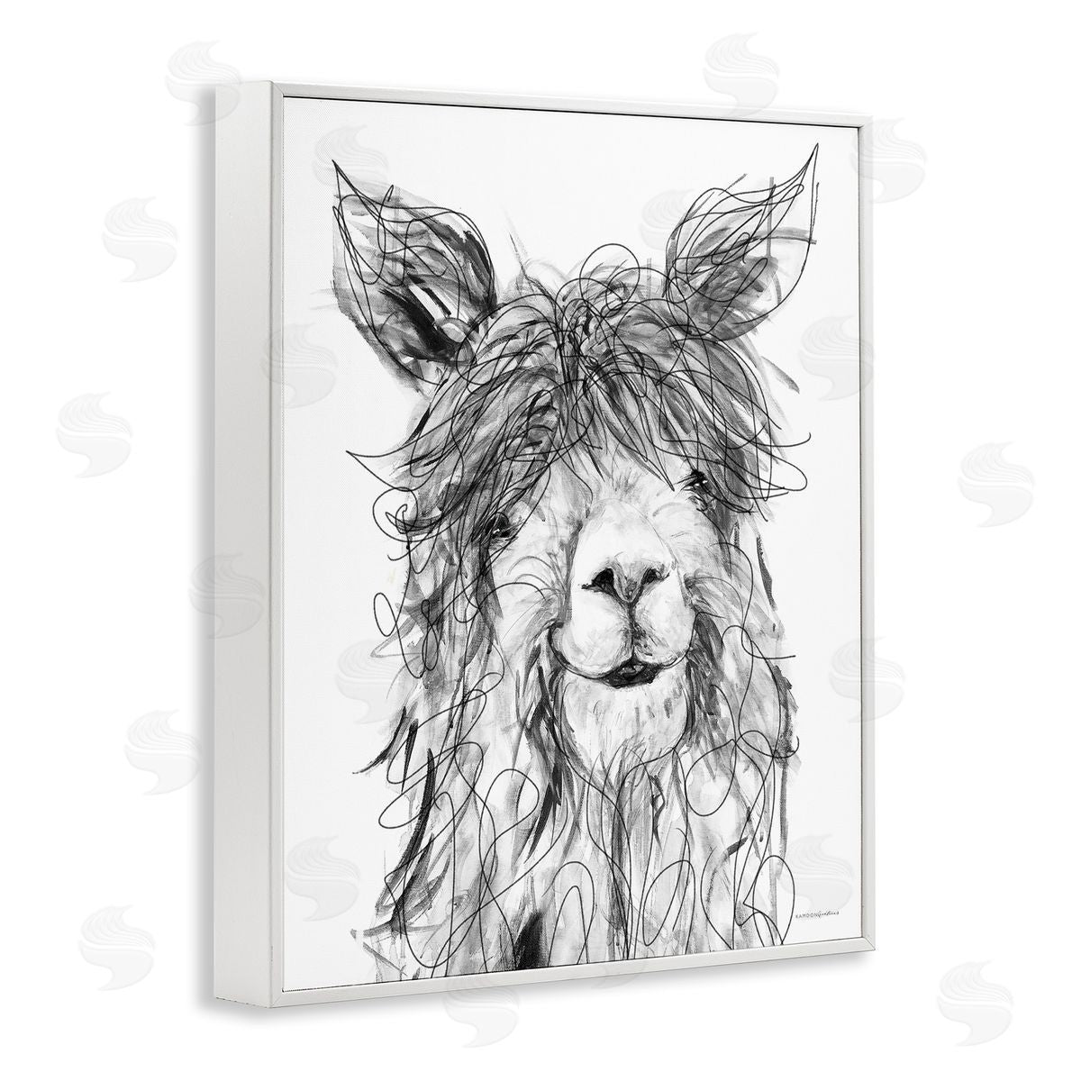 Kamdon Kreations Smiling Llama Alpaca Shaggy Hair Scribble Drawing  White Framed Giclee Wall Art Print