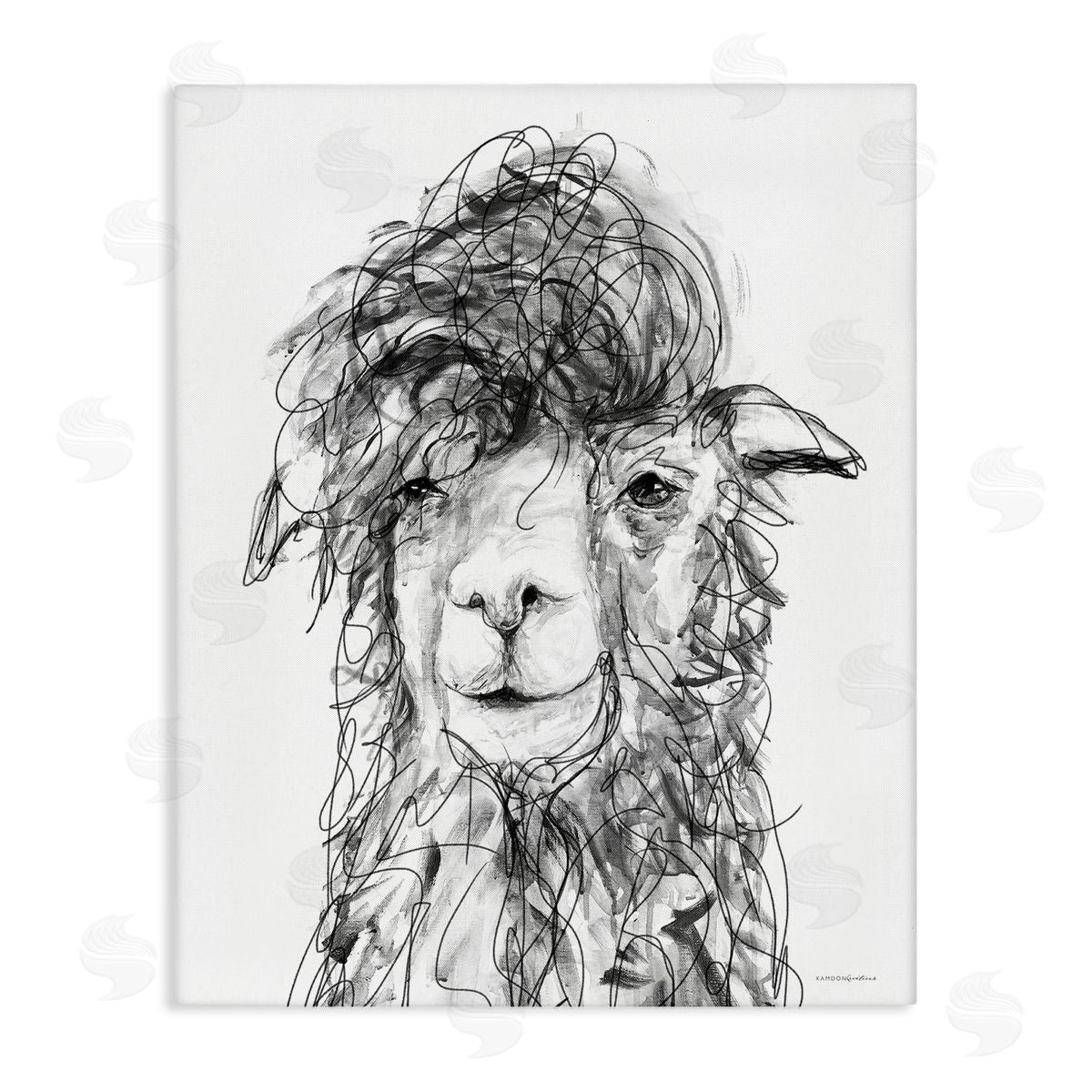 Kamdon Kreations Fluffy Hair Alpaca Llama Smiling Scribble Lines Stretched Canvas Wall Art Print