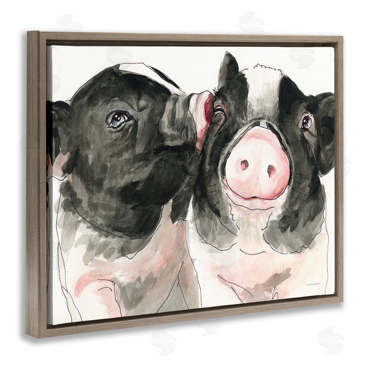 Kamdon Kreations Two Pigs Pink Snout Kiss Adorable Farm Animals Brown Floating Frame Canvas Wall Art Print