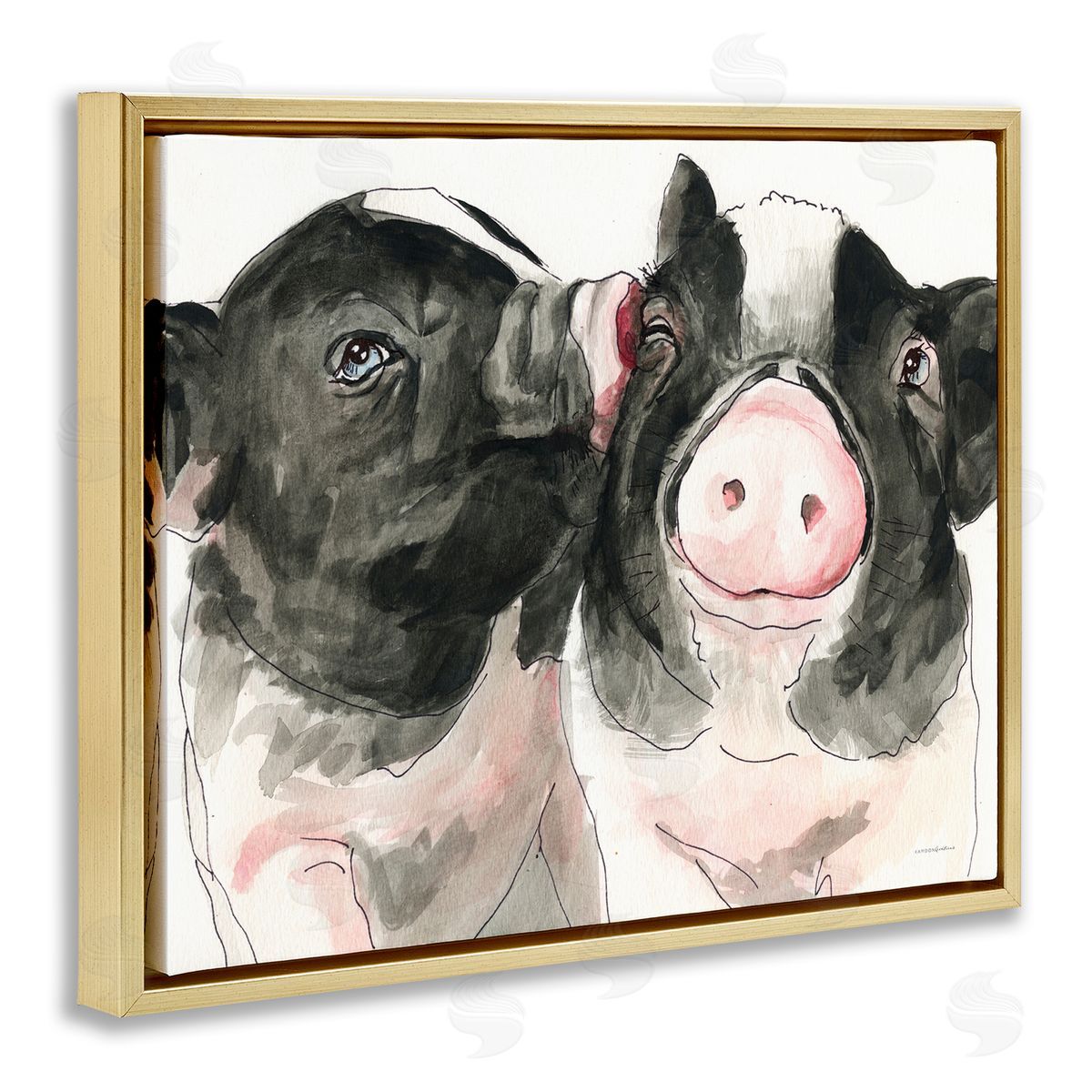 Kamdon Kreations Two Pigs Pink Snout Kiss Adorable Farm Animals Gold Floating Frame Canvas Wall Art Print