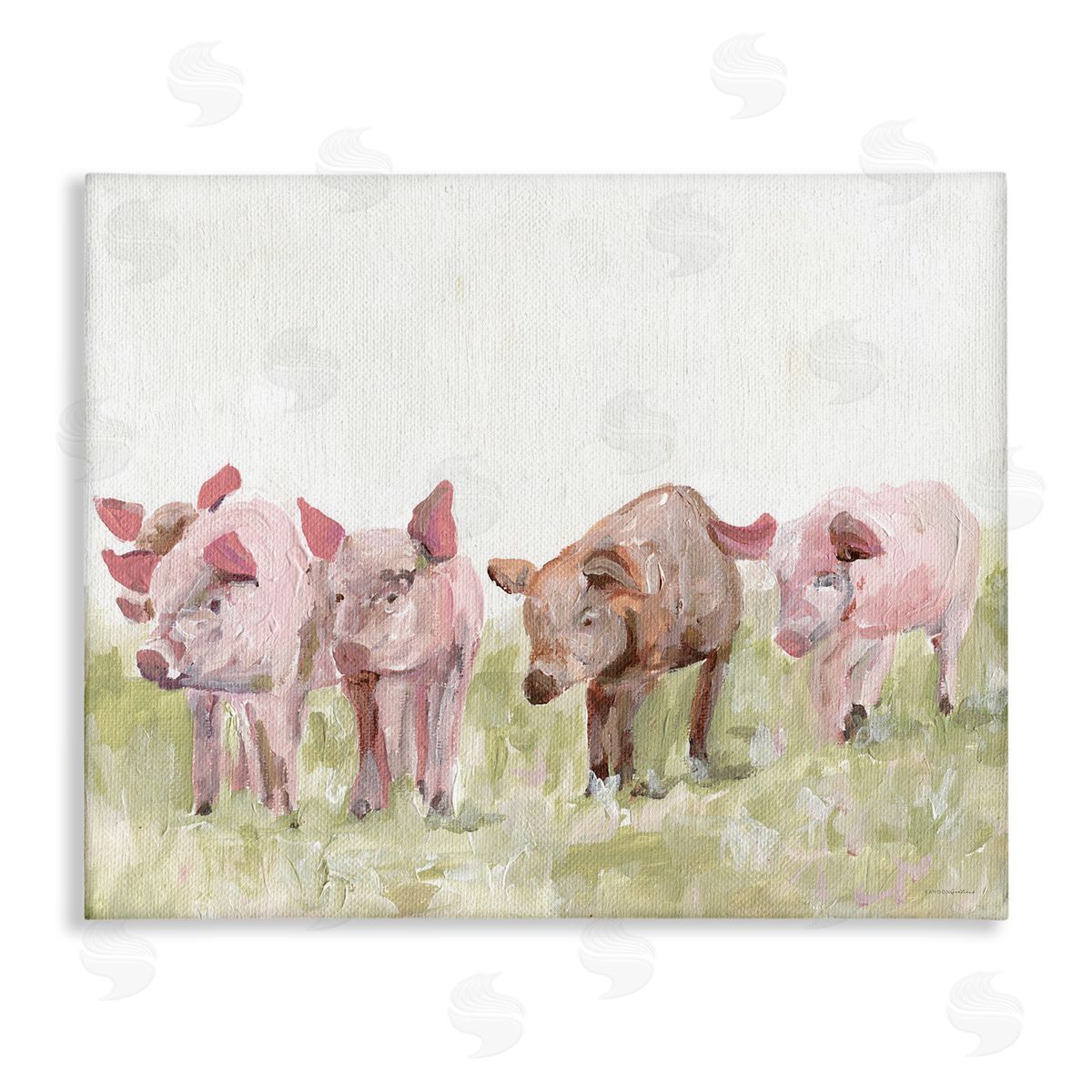 Kamdon Kreations Pink Baby Pigs Grazing Farm Grassland Pasture  Stretched Canvas Wall Art Print
