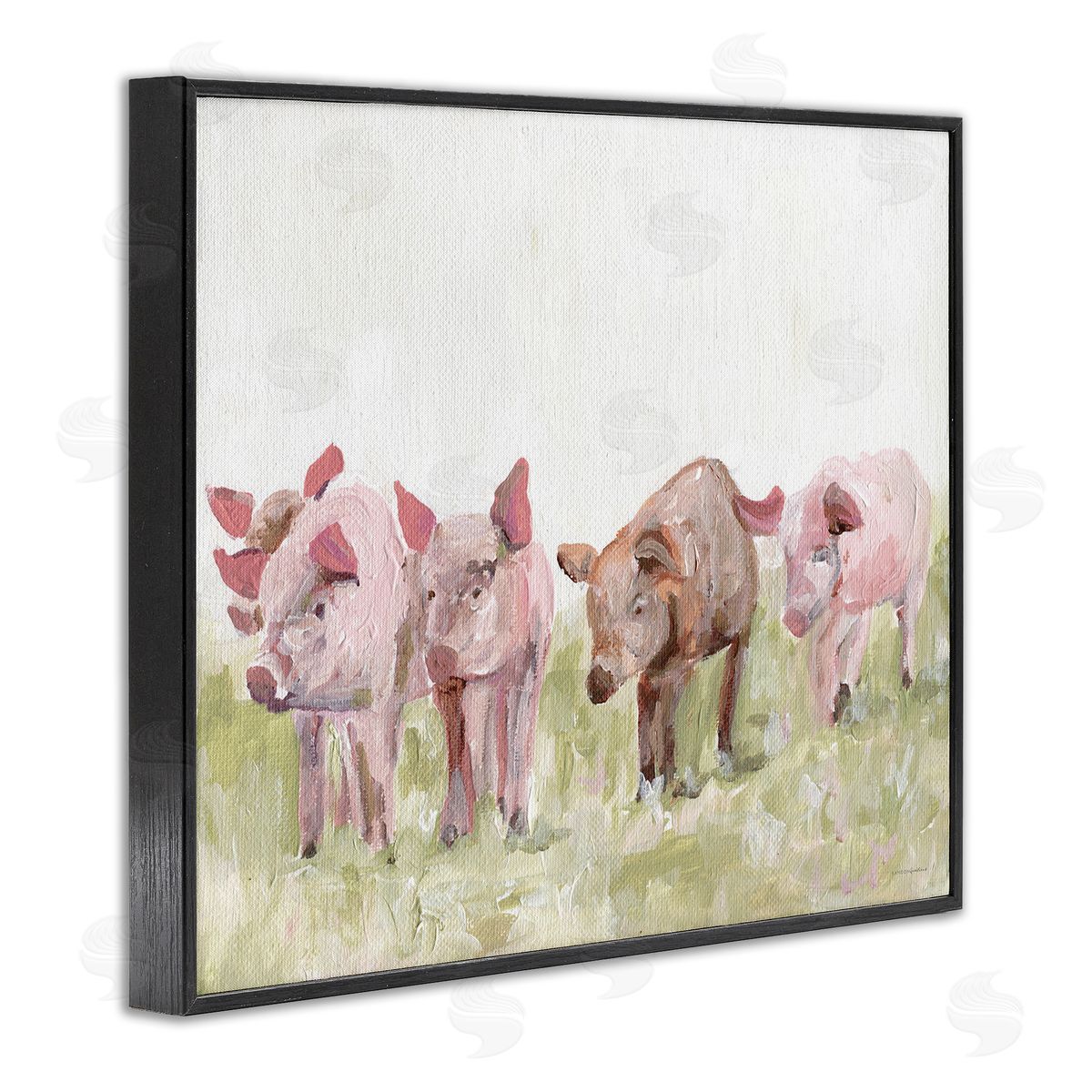 Kamdon Kreations Pink Baby Pigs Grazing Farm Grassland Pasture  Black Framed Giclee Wall Art Print