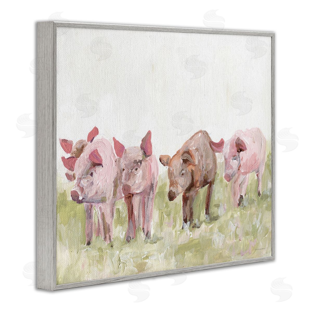 Kamdon Kreations Pink Baby Pigs Grazing Farm Grassland Pasture  Gray Framed Giclee Wall Art Print