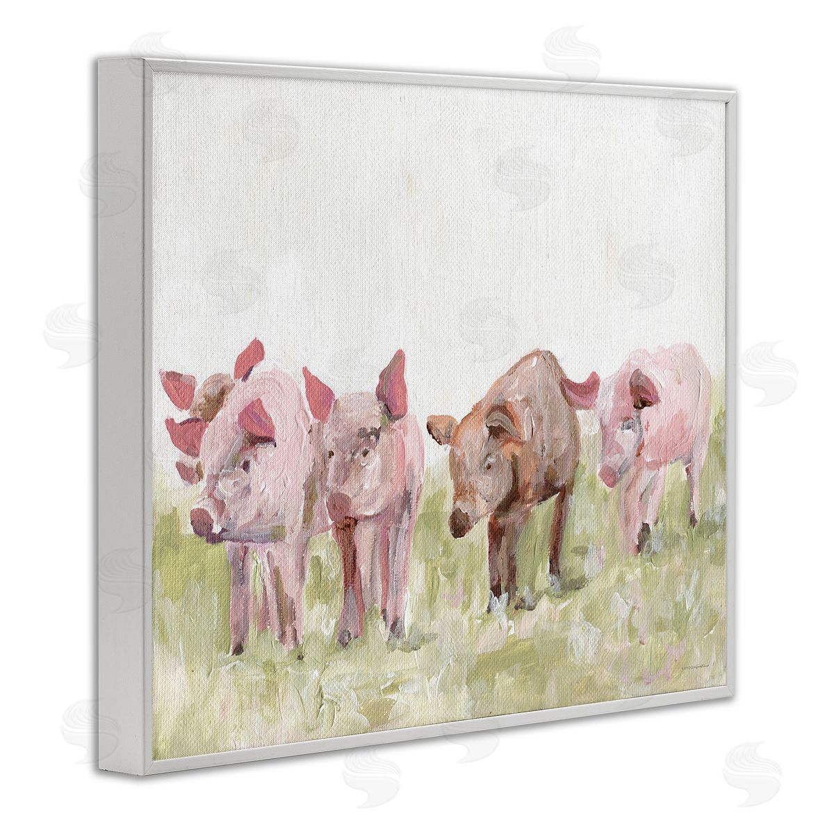 Kamdon Kreations Pink Baby Pigs Grazing Farm Grassland Pasture  White Framed Giclee Wall Art Print