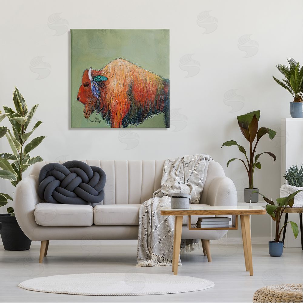 Karrie Evenson Vivid Bison Hanging Feathers Horn Abstract Hair  Canvas Wall Art in Room