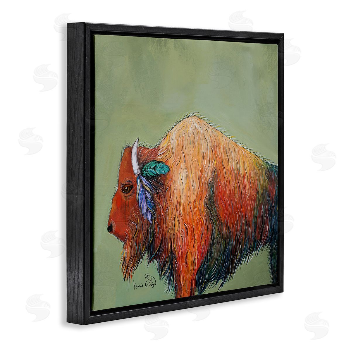 Karrie Evenson Vivid Bison Hanging Feathers Horn Abstract Hair  Black Floating Frame Canvas Wall Art Print