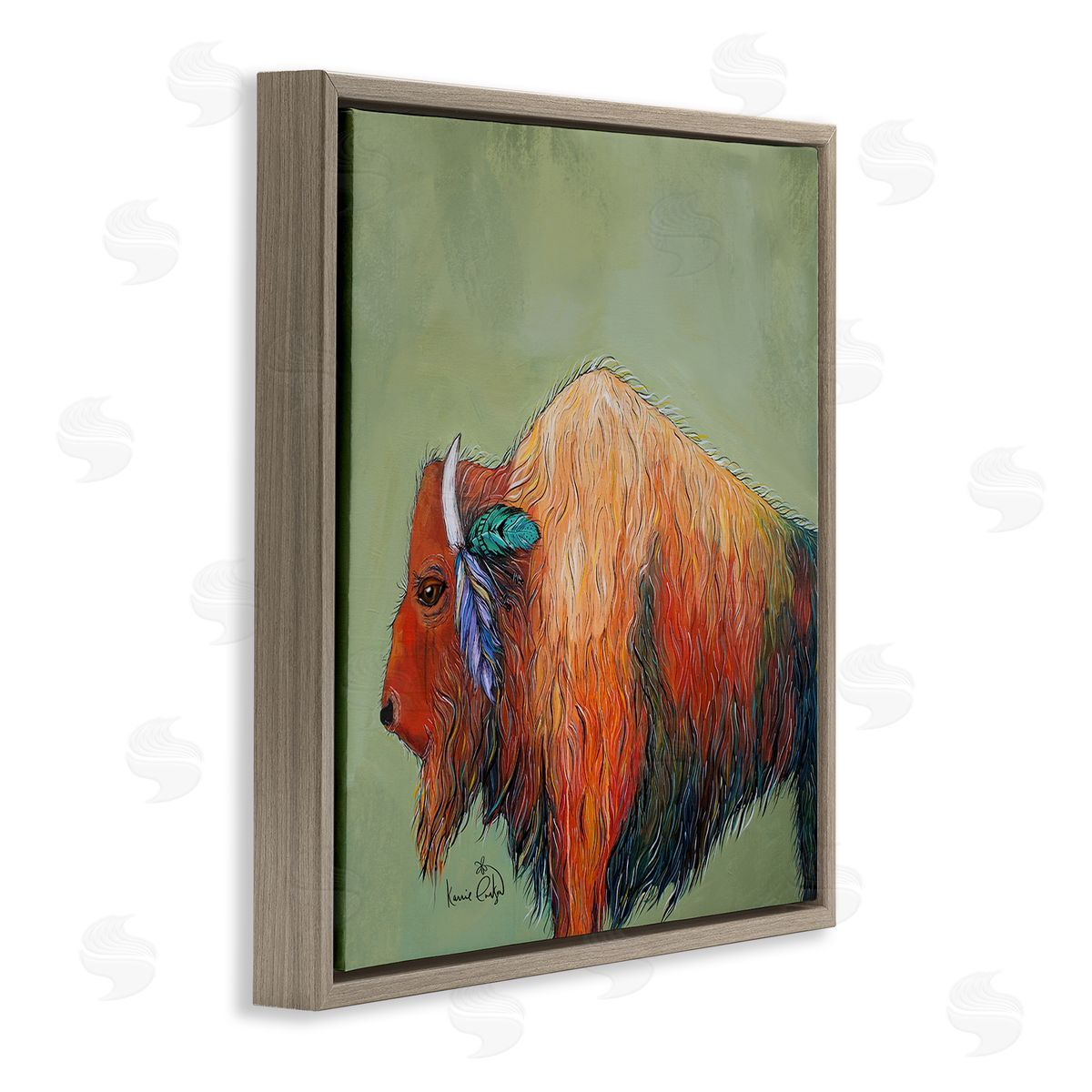 Karrie Evenson Vivid Bison Hanging Feathers Horn Abstract Hair  Brown Floating Frame Canvas Wall Art Print