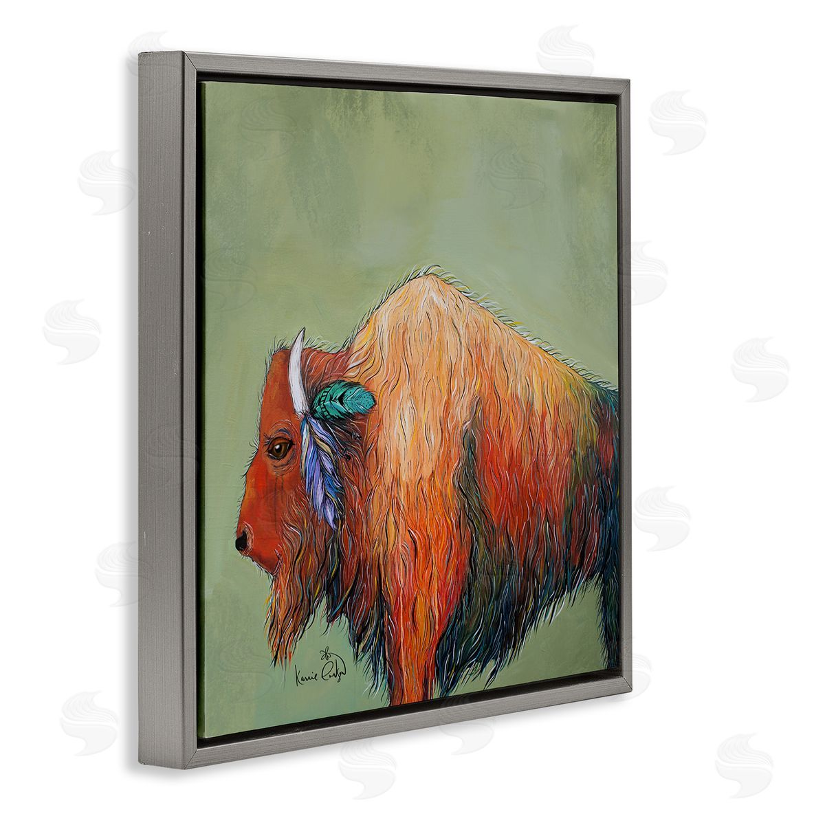 Karrie Evenson Vivid Bison Hanging Feathers Horn Abstract Hair  Gray Floating Frame Canvas Wall Art Print