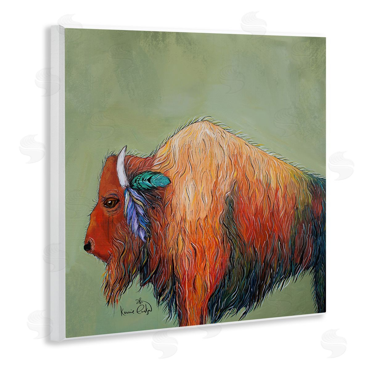 Karrie Evenson Vivid Bison Hanging Feathers Horn Abstract Hair  Wooden Wall Plaque Art Print