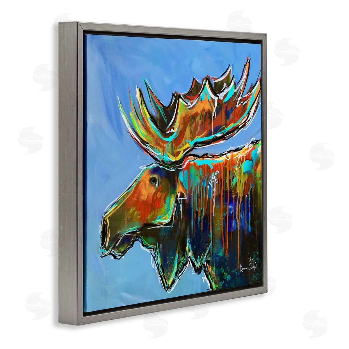 Karrie Evenson Contemporary Street Style Paint Drip Bold Moose Antlers Gray Floating Frame Canvas Wall Art Print