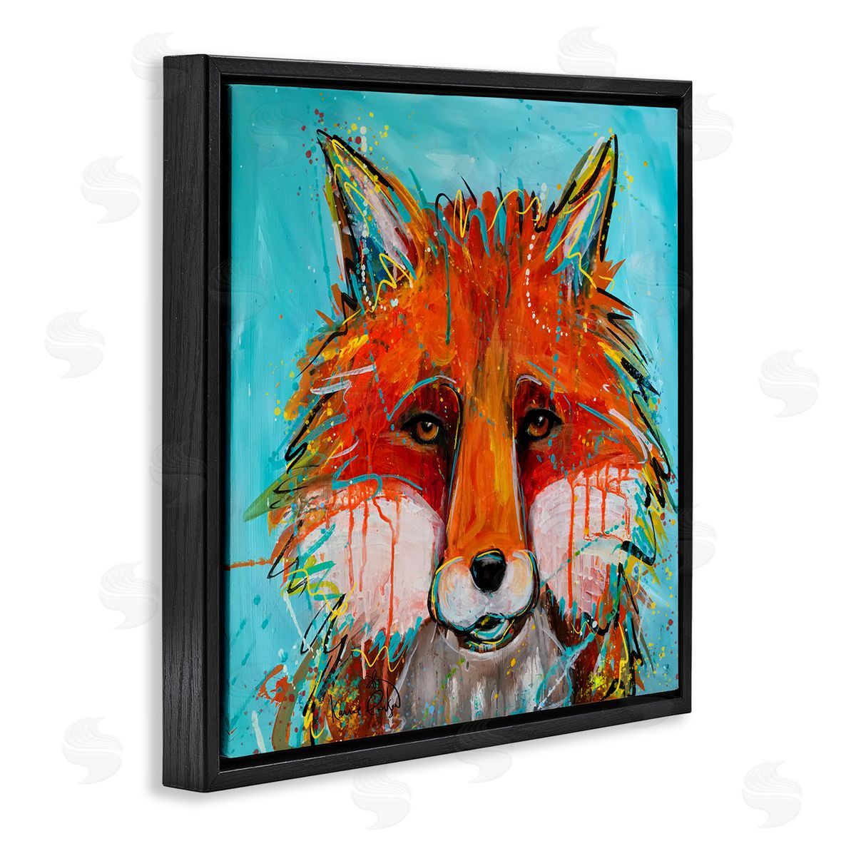 Karrie Evenson Vivid Red Fox Street Style Paint Speckle  Black Floating Frame Canvas Wall Art Print