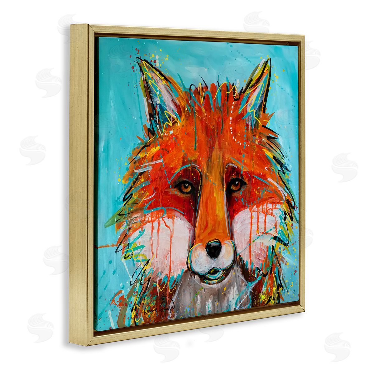 Karrie Evenson Vivid Red Fox Street Style Paint Speckle  Gold Floating Frame Canvas Wall Art Print