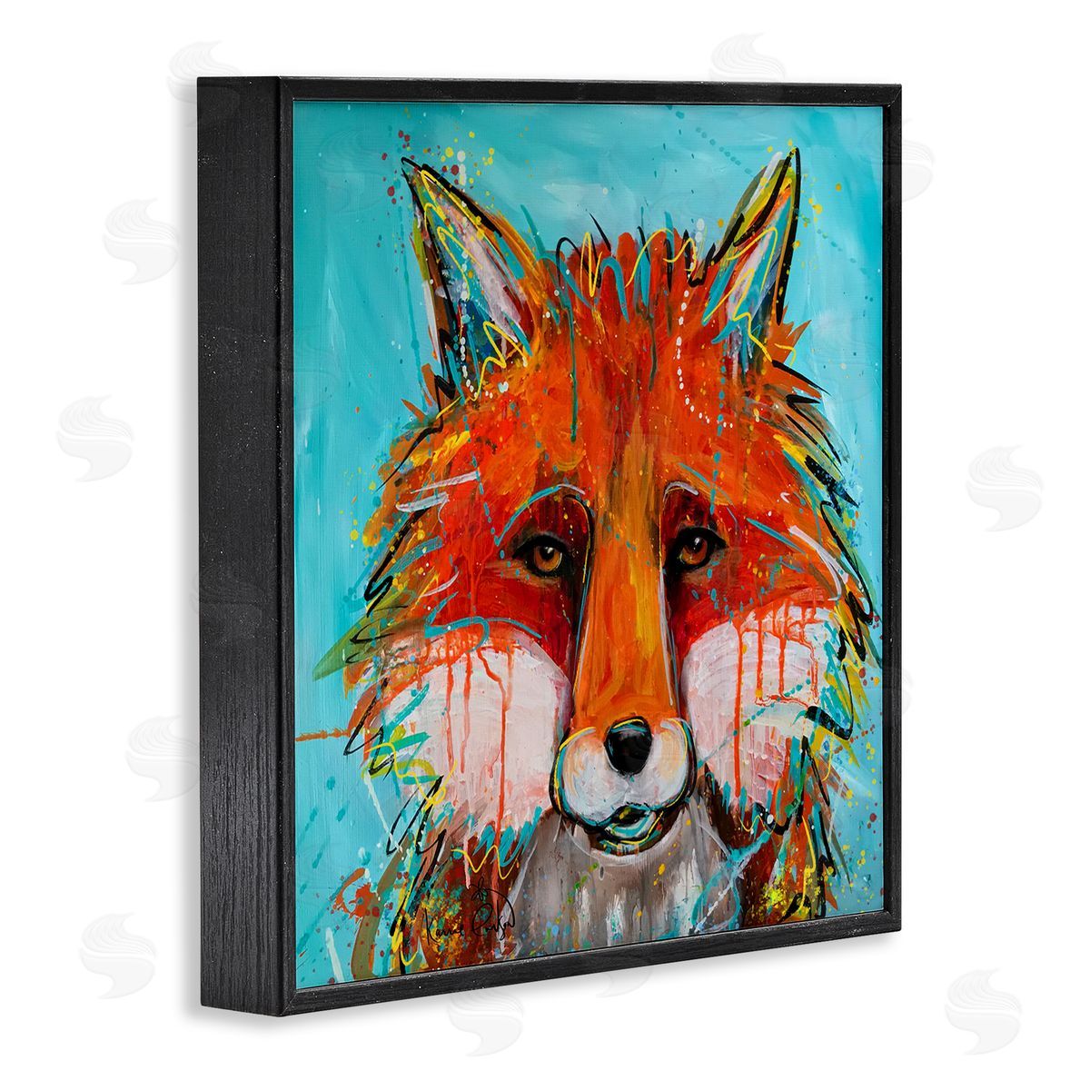 Karrie Evenson Vivid Red Fox Street Style Paint Speckle  Black Framed Glicee Wall Art Print
