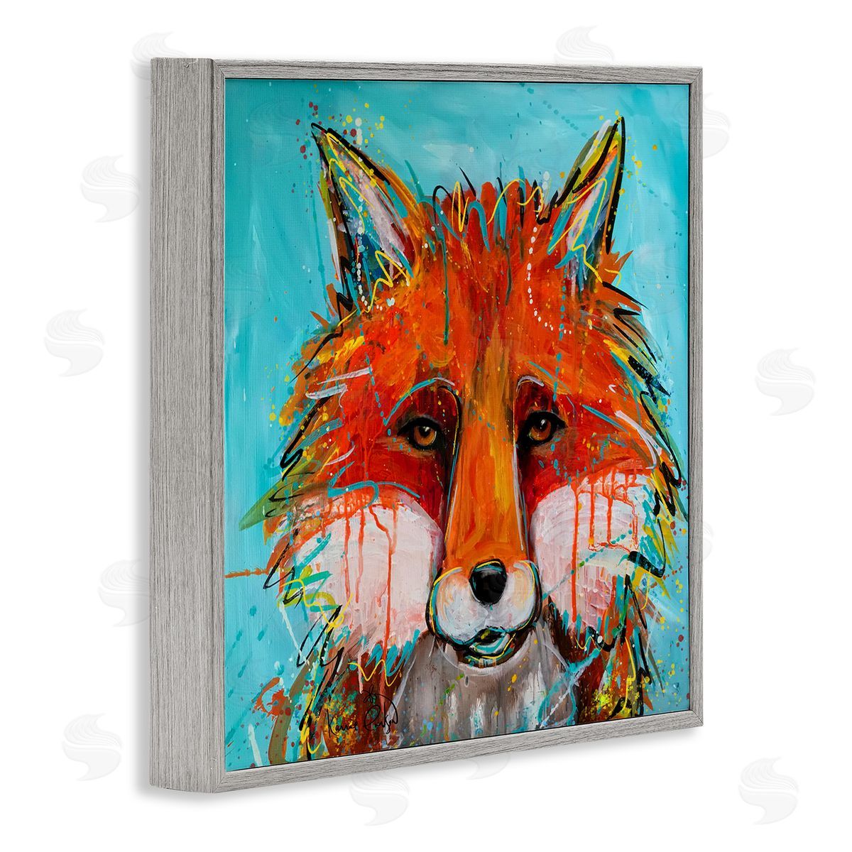 Karrie Evenson Vivid Red Fox Street Style Paint Speckle  Gray Framed Glicee Wall Art Print