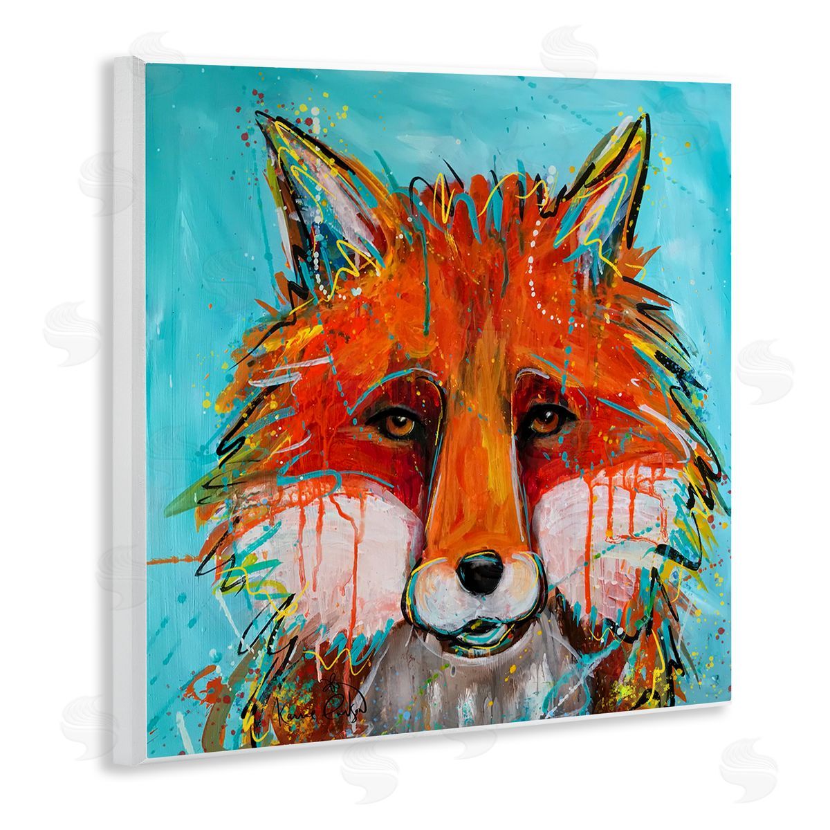 Karrie Evenson Vivid Red Fox Street Style Paint Speckle  Wooden Wall Plaque Art Print