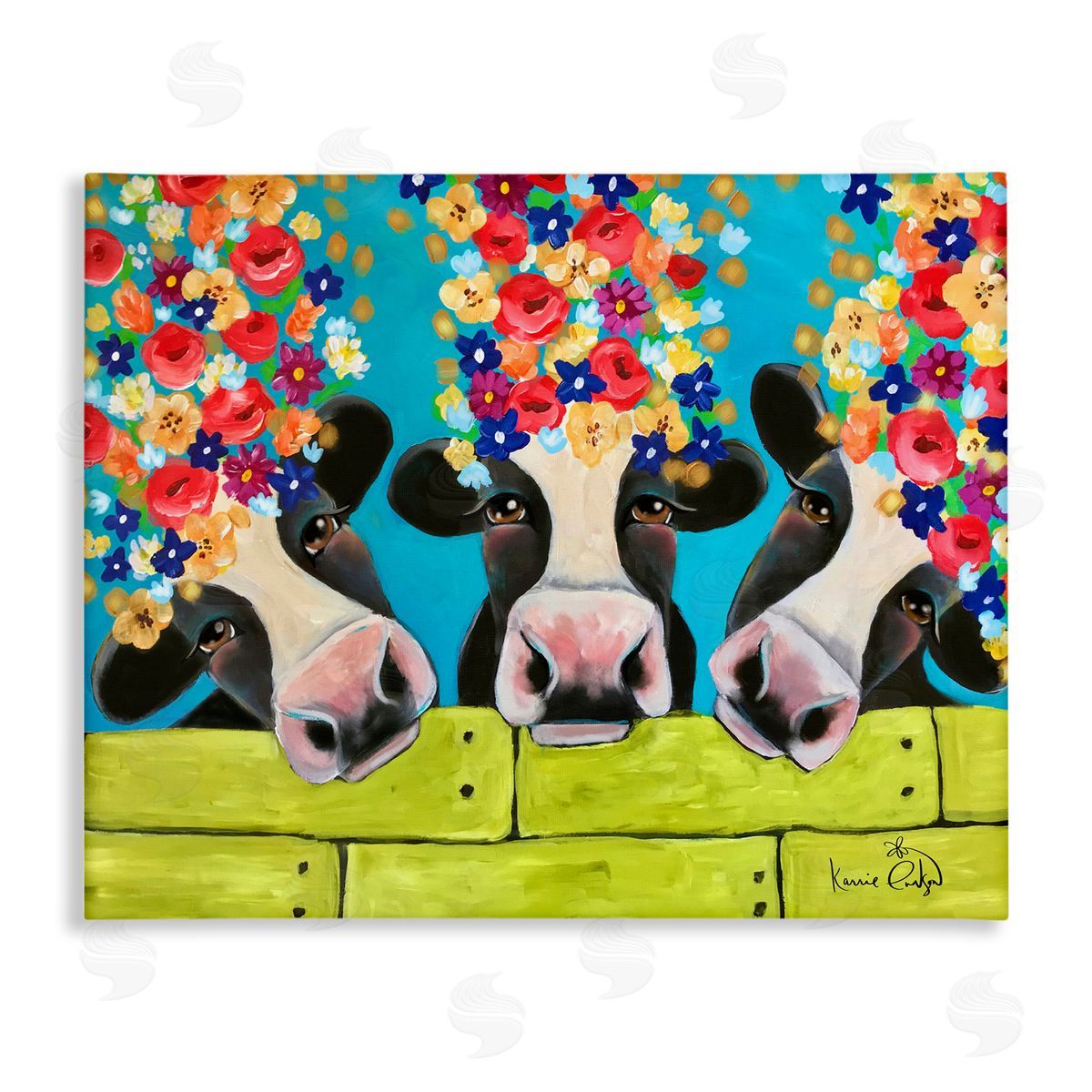 Karrie Evenson Farm Cattle Cows Bright Flower Petals Green Planks Stretched Canvas Wall Art Print