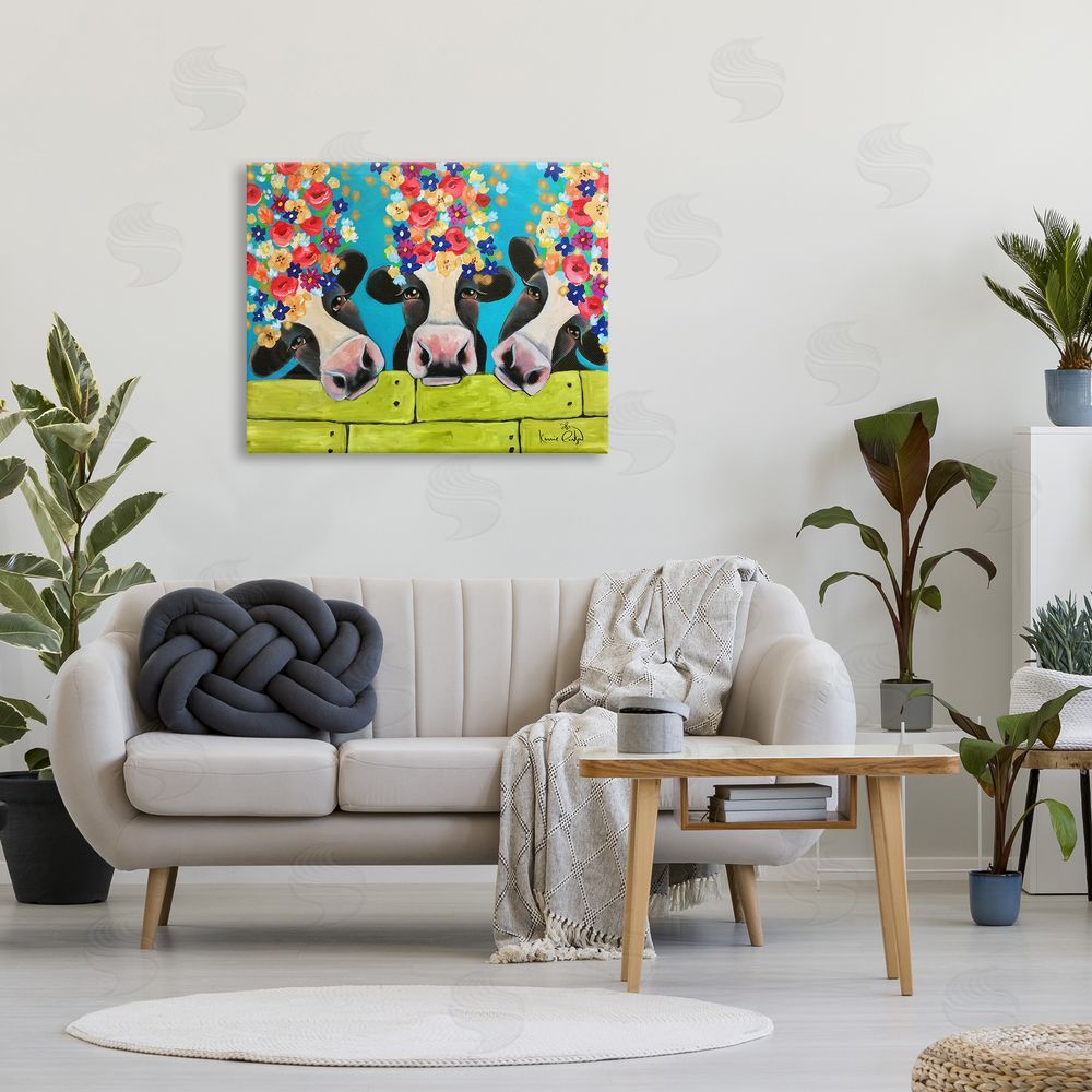 Karrie Evenson Farm Cattle Cows Bright Flower Petals Green Planks Canvas Wall Art Print in Room