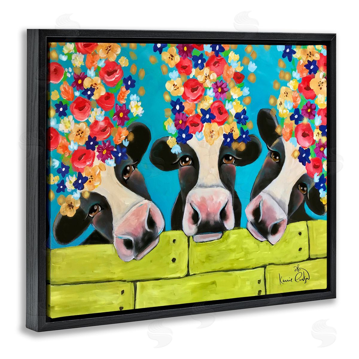 Karrie Evenson Farm Cattle Cows Bright Flower Petals Green Planks Black Floating Frame Canvas Wall Art Print