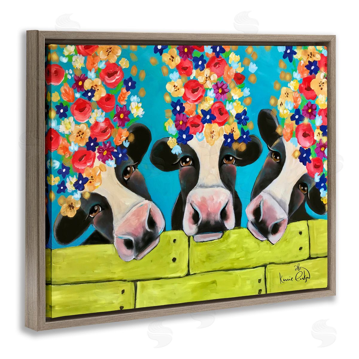 Karrie Evenson Farm Cattle Cows Bright Flower Petals Green Planks Brown Floating Frame Canvas Wall Art Print
