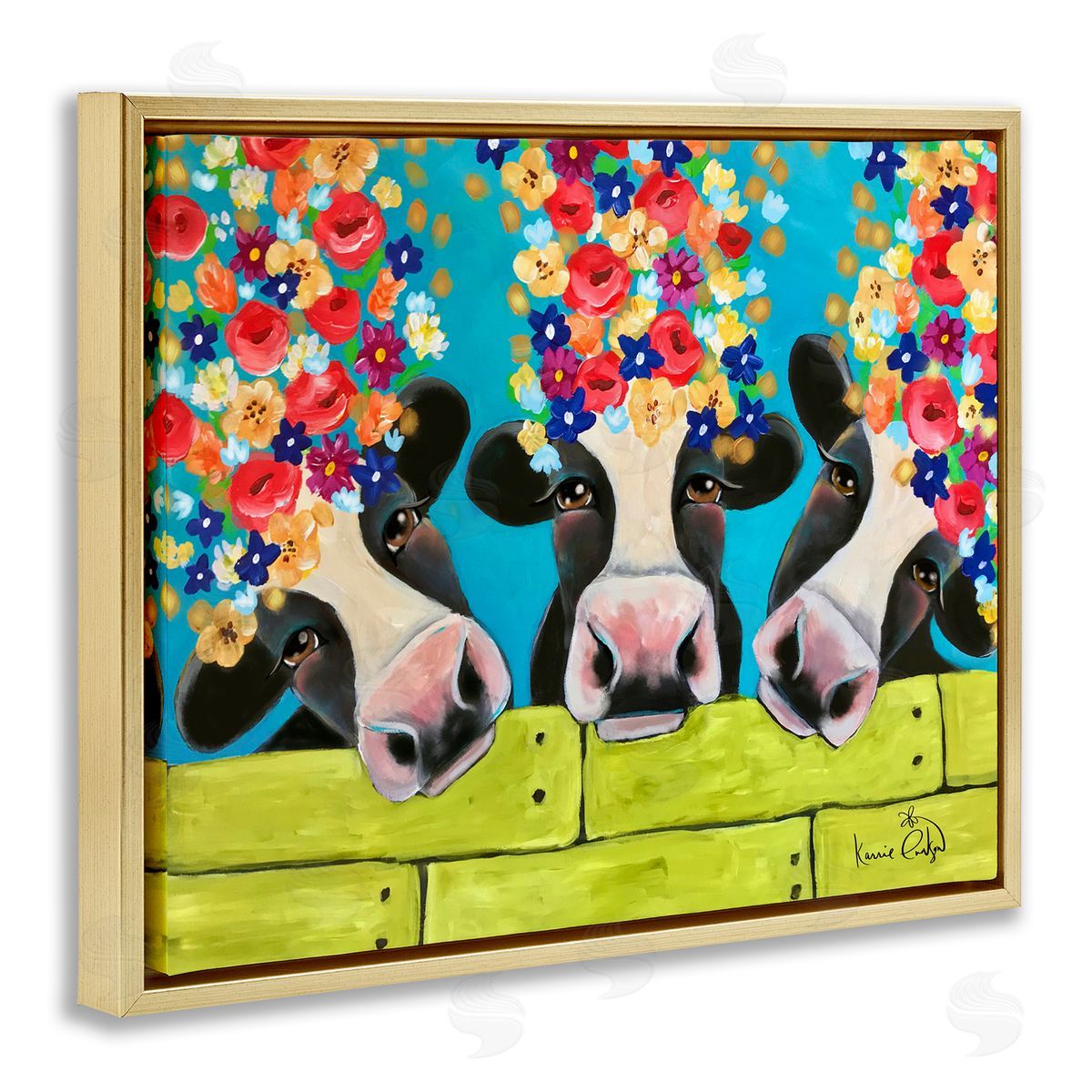 Karrie Evenson Farm Cattle Cows Bright Flower Petals Green Planks Gold Floating Frame Canvas Wall Art Print