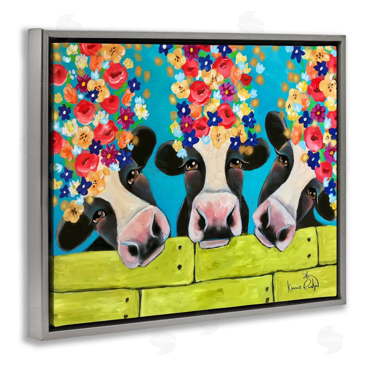 Karrie Evenson Farm Cattle Cows Bright Flower Petals Green Planks Gray Floating Frame Canvas Wall Art Print