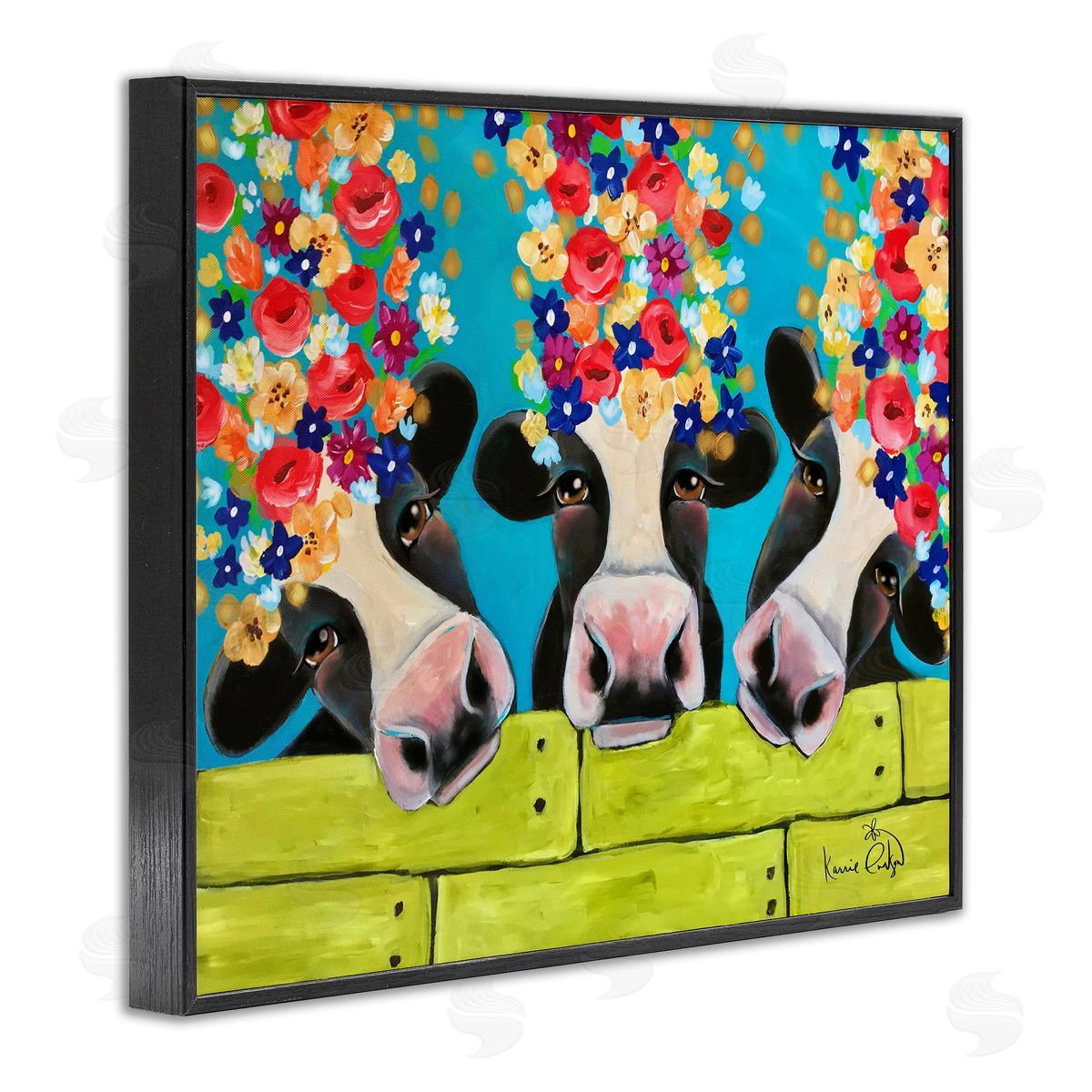 Karrie Evenson Farm Cattle Cows Bright Flower Petals Green Planks Black Framed Giclee Wall Art Print