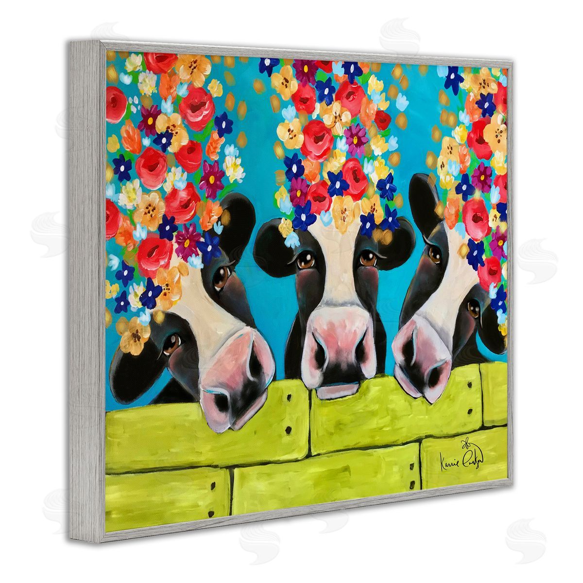 Karrie Evenson Farm Cattle Cows Bright Flower Petals Green Planks Gray Framed Giclee Wall Art Print