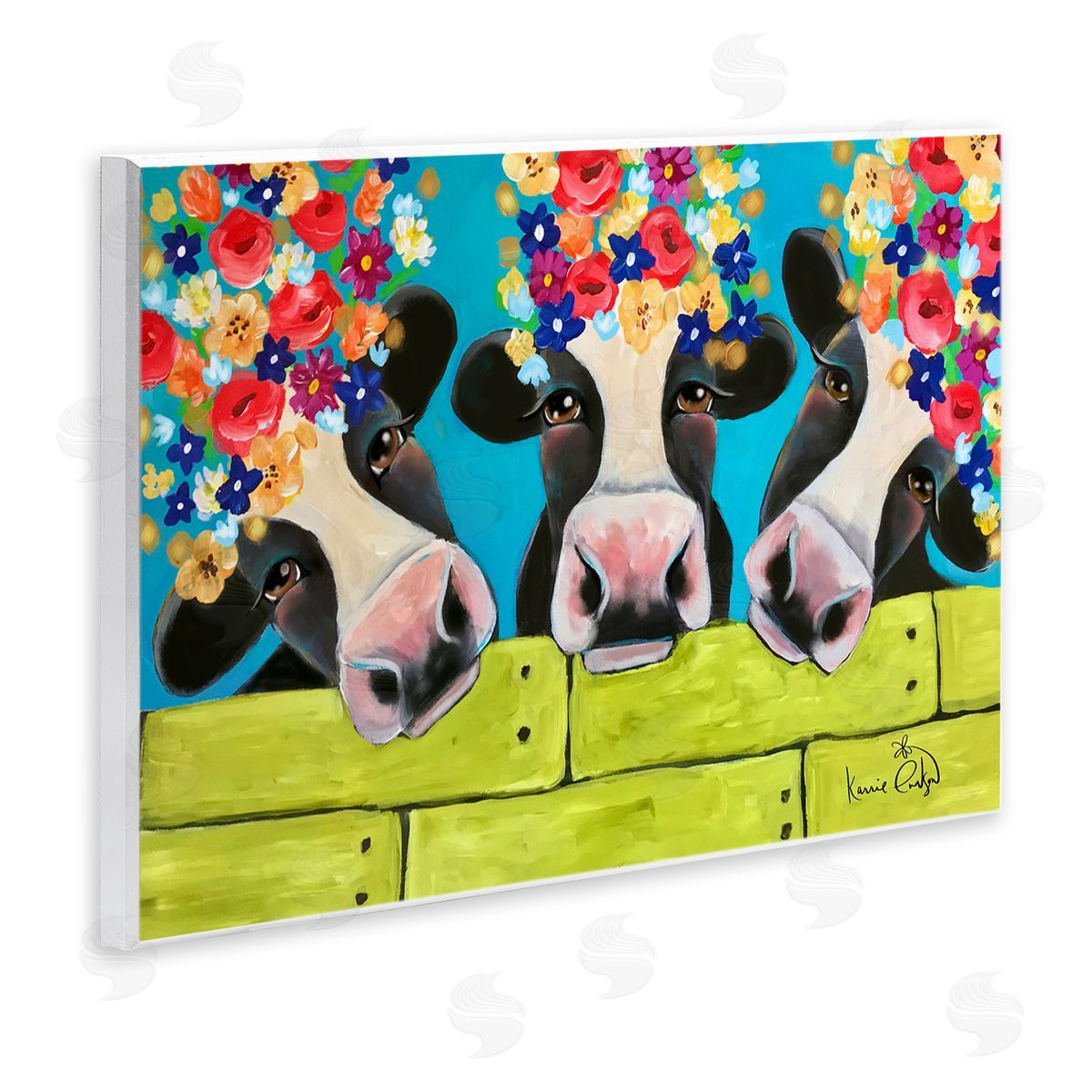 Karrie Evenson Farm Cattle Cows Bright Flower Petals Green Planks Wall Plaque Art Print
