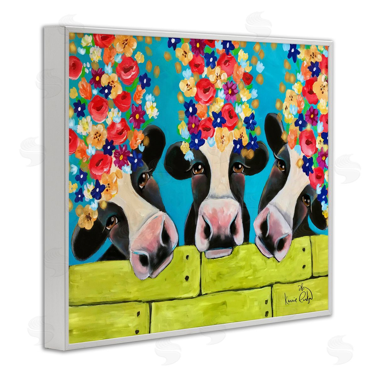 Karrie Evenson Farm Cattle Cows Bright Flower Petals Green Planks White Framed Giclee Wall Art Print
