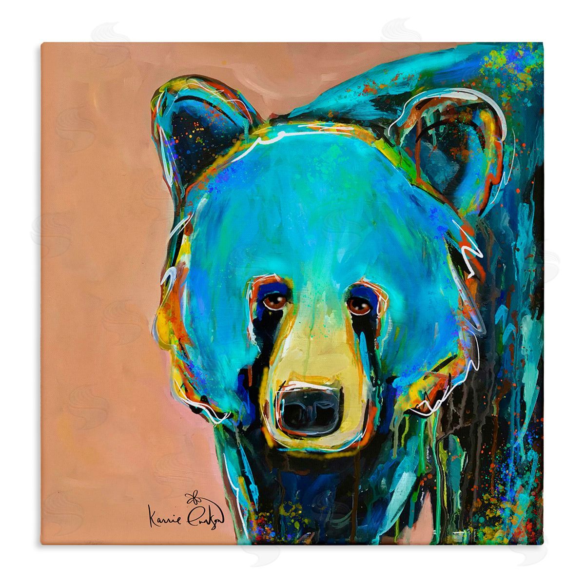 Karrie Evenson Brilliant Blue Bear Gazing Street Style Graffiti Splatter  Stretched Canvas Wall Art Print
