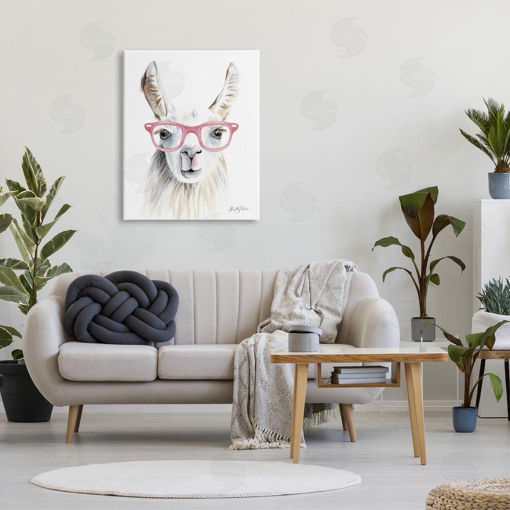 Kelley Talent Llama Wearing Pink Glasses Casual Animal Portrait  Canvas Wall Art Print in Room