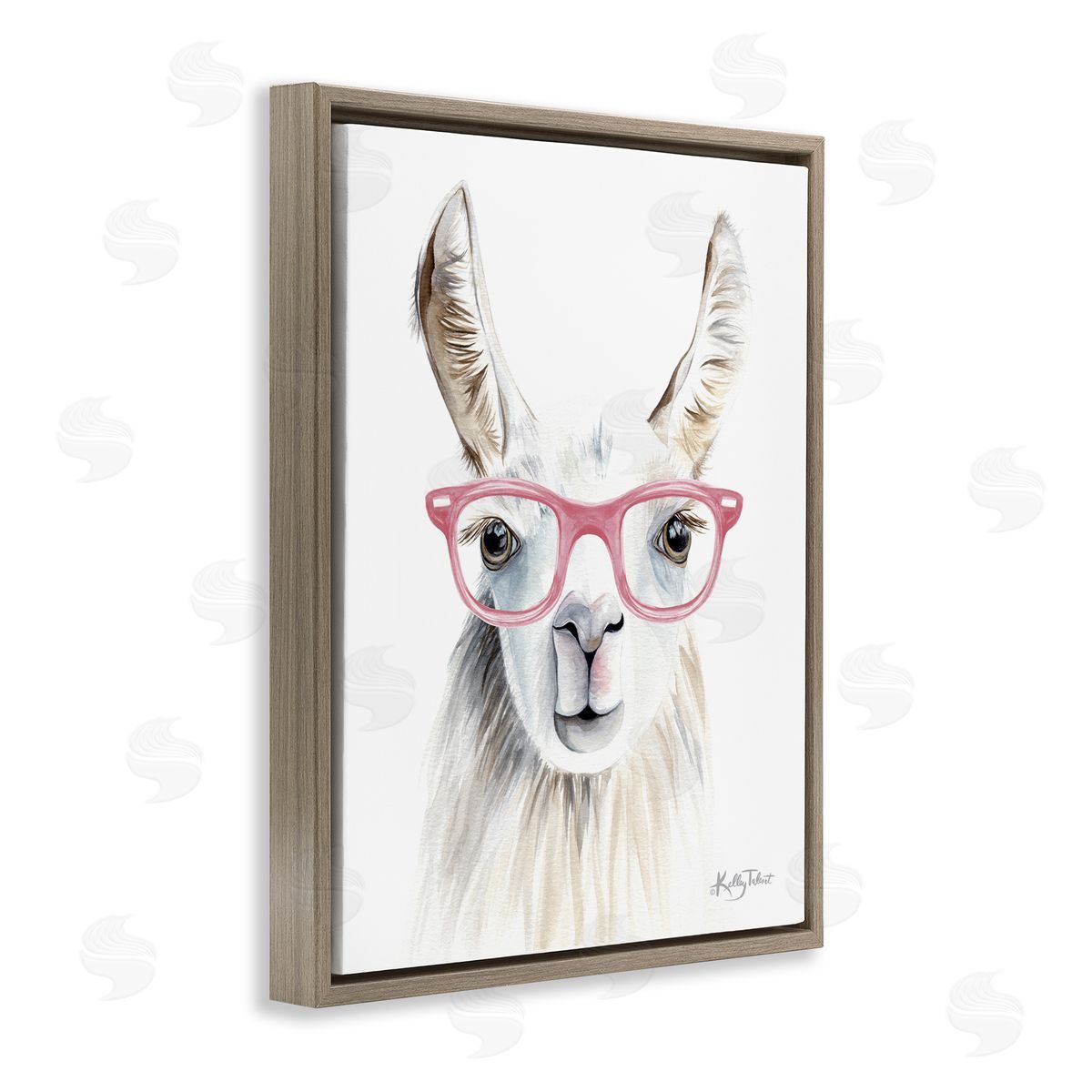 Kelley Talent Llama Wearing Pink Glasses Casual Animal Portrait  Brown Floating Frame Canvas Wall Art Print
