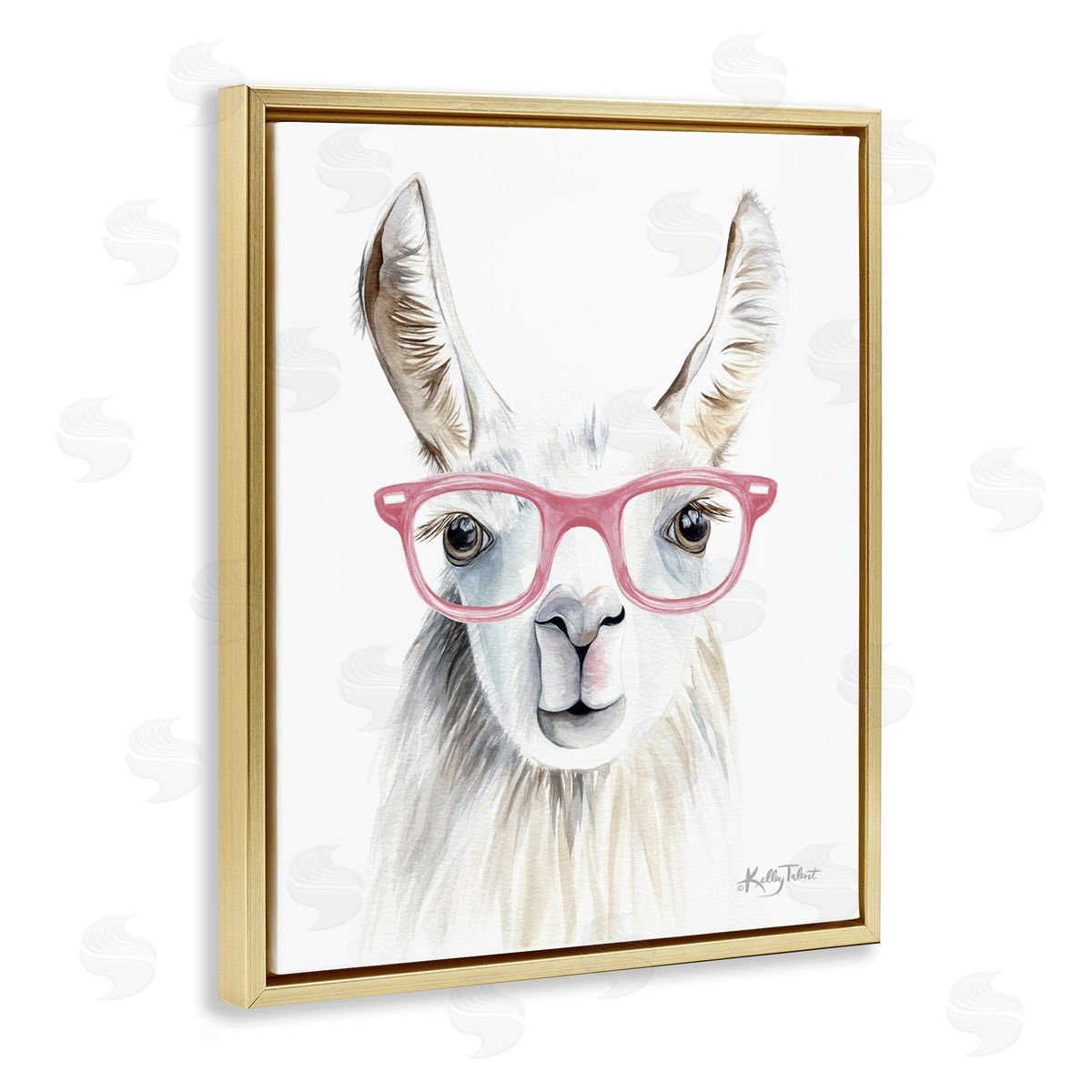 Kelley Talent Llama Wearing Pink Glasses Casual Animal Portrait  Gold Floating Frame Canvas Wall Art Print